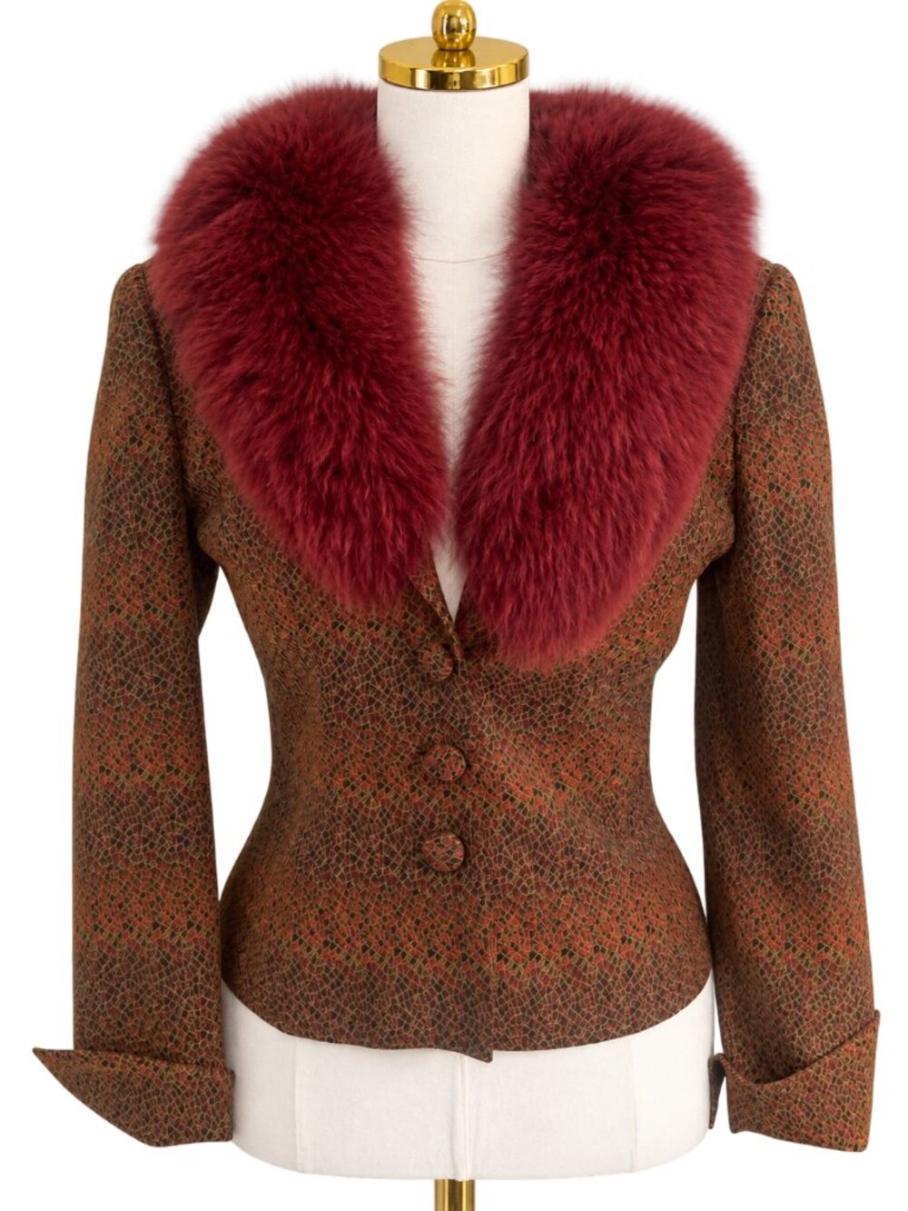 Vintage Renee DuMarr 4 P Metallic Brocade Jacket with Burgundy Fur Trim Collar